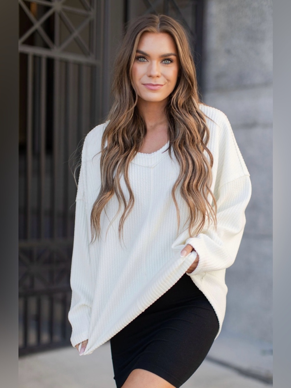 Savvi Emma Oversized Waffle Knit Sweater | Ivory | L/XL | EUC